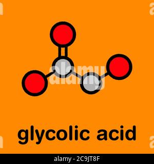 Molécule d'acide glycolique (acide hydroacétique). Formule squelettique stylisée (structure chimique) : les atomes sont représentés sous forme de cercles à code de couleur avec un noir épais Banque D'Images