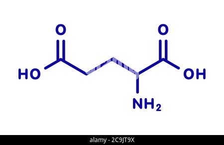 Acide glutamique (acide l-glutamique, Glu, E) acide aminé et molécule de neurotransmetteur. Formule squelettique bleue sur fond blanc. Banque D'Images