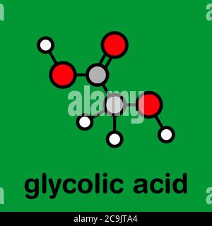 Molécule d'acide glycolique (acide hydroacétique). Formule squelettique stylisée (structure chimique) : les atomes sont représentés sous forme de cercles à code de couleur avec un noir épais Banque D'Images