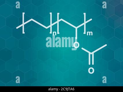 Copolymère éthylène-acétate de vinyle (EVA), structure chimique. Formule blanche du squelette sur fond de gradient sarcelle foncé avec motif hexagonal. Banque D'Images
