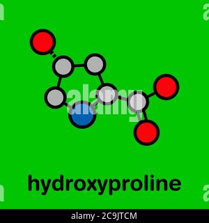 Acide aminé hydroxyproline (Hyp). Composant essentiel du collagène. Formule squelettique stylisée (structure chimique). Les atomes sont affichés sous forme de circl à code couleur Banque D'Images