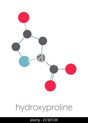 Acide aminé hydroxyproline (Hyp). Composant essentiel du collagène. Formule squelettique stylisée (structure chimique). Les atomes sont affichés sous forme de circl à code couleur Banque D'Images