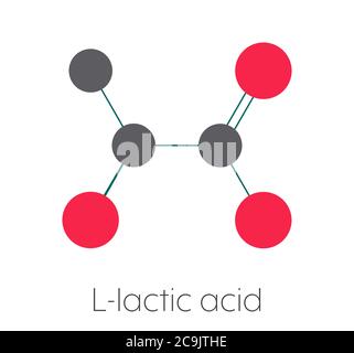 Acide lactique (acide L-lactique) molécule de sucre de lait. Bloc de construction en bioplastique de l'acide polylactique (PLA). Dans le lait. Formule squelette stylisée (chemica Banque D'Images