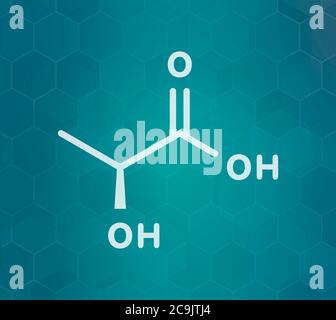 Acide lactique (acide L-lactique) molécule de sucre de lait. Bloc de construction en bioplastique de l'acide polylactique (PLA). Dans le lait. Formule blanche pour le thé noir Banque D'Images