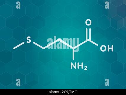 Molécule d'acide aminé méthionine (L-méthionine, met, M). Formule blanche du squelette sur fond de gradient sarcelle foncé avec motif hexagonal. Banque D'Images