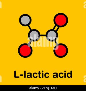 Acide lactique (acide L-lactique) molécule de sucre de lait. Bloc de construction en bioplastique de l'acide polylactique (PLA). Dans le lait. Formule squelette stylisée (chemica Banque D'Images