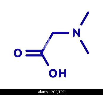Molécule de diméthylglycine (DMG). Dérivé méthylé de la glycine, utilisé dans les suppléments nutritionnels d'amélioration de la performance. Formule bleue du squelette sur le blanc Banque D'Images