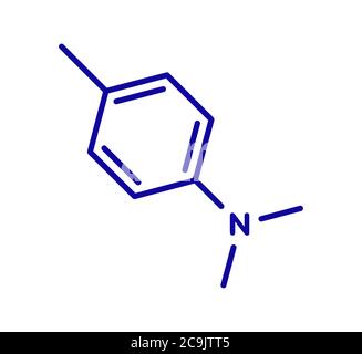 Molécule de N,N-diméthyl-p-toluidine (DMPT). Couramment utilisé comme catalyseur dans la production de polymères et dans les matériaux dentaires et les ciments osseux. Blue skele Banque D'Images