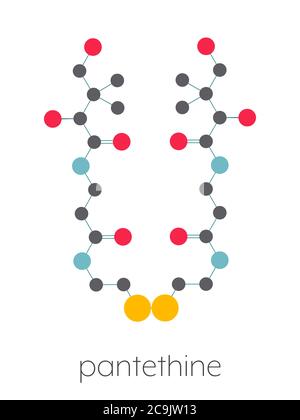 Molécule de pantéthine (vitamine B5 dimère). Utilisé dans les compléments alimentaires. Formule squelettique stylisée (structure chimique). Les atomes sont affichés avec un code couleur Banque D'Images