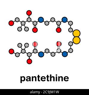 Molécule de pantéthine (vitamine B5 dimère). Utilisé dans les compléments alimentaires. Formule squelettique stylisée (structure chimique). Les atomes sont affichés avec un code couleur Banque D'Images