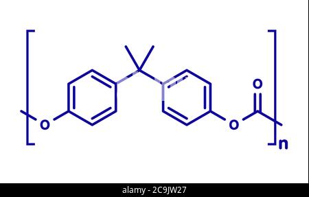 Plastique polycarbonate (PC), structure chimique. Composé de phosgène et de bisphénol A. formule squelettique bleue sur fond blanc. Banque D'Images