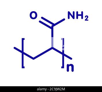 Polymère de polyacrylamide (PAM), structure chimique. Formule squelettique bleue sur fond blanc. Banque D'Images