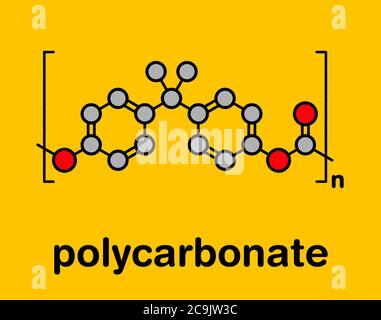 Plastique polycarbonate (PC), structure chimique. Composé de phosgène et de bisphénol A. formule squelettique stylisée : les atomes sont représentés par des cercles à code couleur Banque D'Images