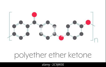 Polyéther éther éther cétone (PEEK) polymère, structure chimique. Formule squelette stylisée : les atomes sont représentés par des cercles à code couleur reliés par des liaisons minces, Banque D'Images