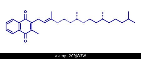 Molécule de vitamine K (K1, phylloquinone, phytoménadione). Formule squelettique bleue sur fond blanc. Banque D'Images