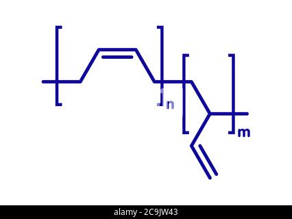 Polymère de polybutadiène (caoutchouc butadiène), structure chimique. Utilisé dans la fabrication de pneus, balles de golf, etc. Formule squelette bleu sur fond blanc Banque D'Images