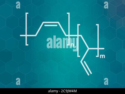 Polymère de polybutadiène (caoutchouc butadiène), structure chimique. Utilisé dans la fabrication de pneus, balles de golf, etc. Formule blanche pour squelette sur gradi sarcelle foncé Banque D'Images