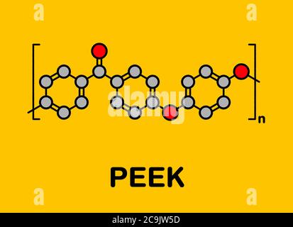 Polyéther éther éther cétone (PEEK) polymère, structure chimique. Formule squelette stylisée : les atomes sont représentés sous forme de cercles à code couleur avec des contours noirs épais Banque D'Images