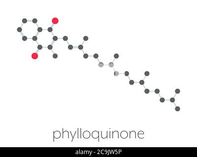 Molécule de vitamine K (K1, phylloquinone, phytoménadione). Formule squelettique stylisée (structure chimique). Les atomes sont représentés par des cercles à code couleur Banque D'Images