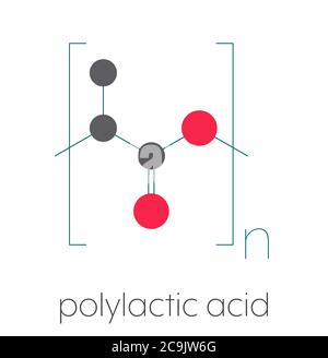 Acide polylactique (PLA, polylactide), structure bioplastique, chimique. Formule squelettique stylisée : les atomes sont représentés par des cercles de couleur reliés par un système fin Banque D'Images