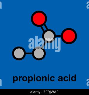 Molécule d'acide propionique (acide propanoïque). Utilisé comme conservateur dans les aliments. Formule squelettique stylisée (structure chimique). Les atomes sont affichés avec un code couleur Banque D'Images