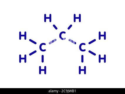 Molécule d'hydrocarbure de propane. Alcane utilisé comme combustible dans les poêles portables, les chalumeaux à gaz, les voitures, etc. Formule squelette bleu sur fond blanc. Banque D'Images