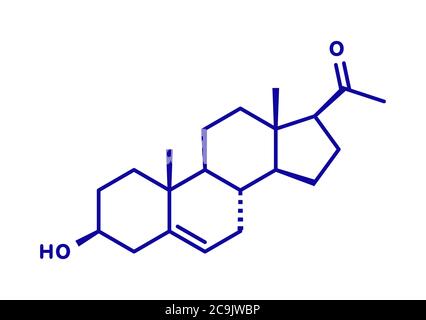Prégnenolone neurostéroïde et prohormone molécule, structure chimique. Formule squelettique bleue sur fond blanc. Banque D'Images
