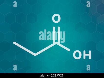 Molécule d'acide propionique (acide propanoïque). Utilisé comme conservateur dans les aliments. Formule blanche du squelette sur fond de gradient sarcelle foncé avec motif hexagonal Banque D'Images