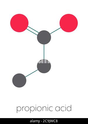 Molécule d'acide propionique (acide propanoïque). Utilisé comme conservateur dans les aliments. Formule squelettique stylisée (structure chimique). Les atomes sont affichés avec un code couleur Banque D'Images