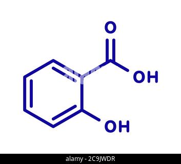 Molécule d'acide salicylique. Utilisé dans les cosmétiques, les médicaments dermatologiques, etc. Formule squelette bleu sur fond blanc. Banque D'Images