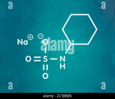 Molécule d'édulcorant artificiel au cyclamate de sodium. Formule blanche du squelette sur fond de gradient sarcelle foncé avec motif hexagonal. Banque D'Images