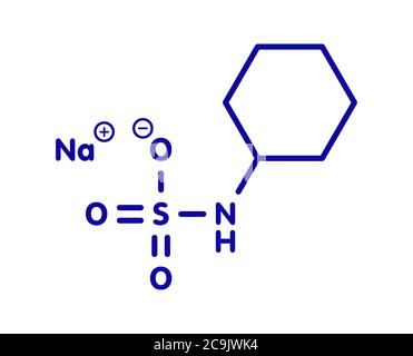 Molécule d'édulcorant artificiel au cyclamate de sodium. Formule squelettique bleue sur fond blanc. Banque D'Images