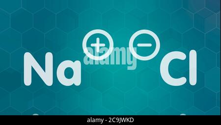 Chlorure de sodium (sel de table), structure chimique. Formule blanche du squelette sur fond de gradient sarcelle foncé avec motif hexagonal. Banque D'Images