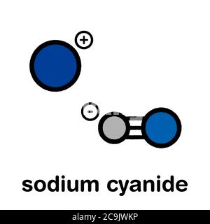 Cyanure de sodium, structure chimique. Formule squelettique stylisée (structure chimique) : les atomes sont représentés sous forme de cercles à code couleur avec des contours noirs épais a Banque D'Images