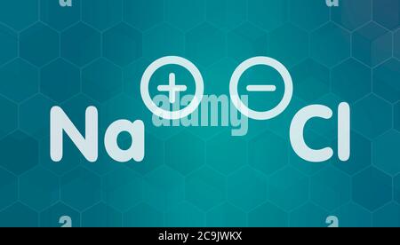 Chlorure de sodium (sel de table), structure chimique. Formule blanche du squelette sur fond de gradient sarcelle foncé avec motif hexagonal. Banque D'Images