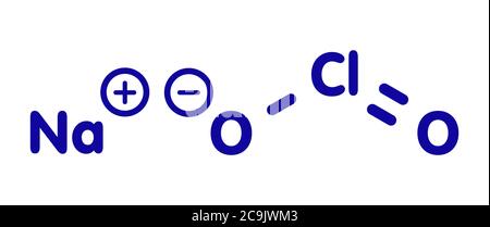 Chlorite de sodium, structure chimique. Formule squelette bleu sur fond blanc. Banque D'Images