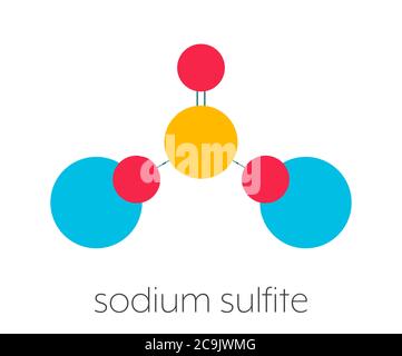 Sulfite de sodium, structure chimique. Formule squelettique stylisée (structure chimique) : les atomes sont représentés par des cercles de couleur reliés par des liaisons minces, on Banque D'Images