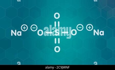 Sulfate de sodium, structure chimique. Formule blanche du squelette sur fond de gradient sarcelle foncé avec motif hexagonal. Banque D'Images