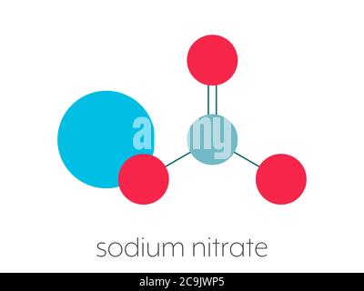 Nitrate de sodium, structure chimique. Formule squelettique stylisée (structure chimique) : les atomes sont représentés par des cercles de couleur reliés par des liaisons minces, on Banque D'Images