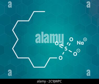 Molécule de surfactant au dodécyl sulfate de sodium (SDS, lauryl sulfate de sodium). Couramment utilisé dans les produits de nettoyage. Formule blanche pour le squelette sur le gradi sarcelle foncé Banque D'Images
