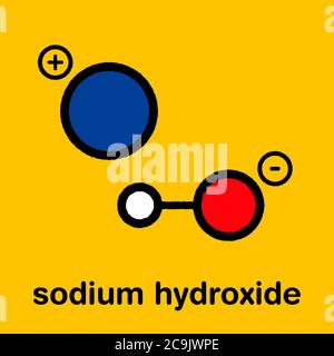 Hydroxyde de sodium (lessive, soude caustique), structure chimique. Formule squelettique stylisée (structure chimique) : les atomes sont représentés par des cercles de couleur avec Banque D'Images