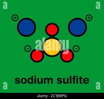 Sulfite de sodium, structure chimique. Formule squelettique stylisée (structure chimique) : les atomes sont représentés sous forme de cercles à code couleur avec des contours noirs épais a Banque D'Images