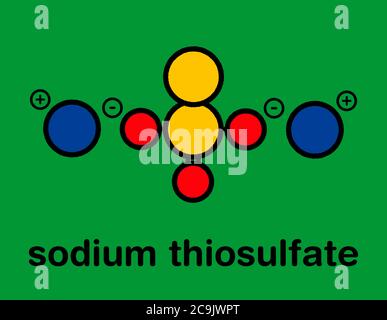 Sel de thiosulfate de sodium (hyposulfite), structure chimique. Formule squelettique stylisée (structure chimique) : les atomes sont représentés par des cercles de couleur avec Banque D'Images