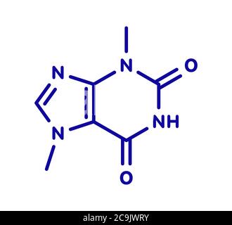 Molécule d'alcaloïde au chocolat théobromine (xanthée). Présent dans le cacao, le thé, etc. Également utilisé comme drogue. Formule squelettique bleue sur fond blanc. Banque D'Images