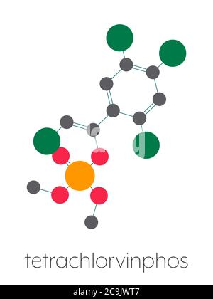 Molécule d'insecticide organophosphate de tétrachlorvinphos. Formule squelettique stylisée (structure chimique). Les atomes sont représentés par des cercles à code couleur Banque D'Images