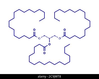 Molécule de gras saturés de stéarine : triglycéride composé de glycérol et de 3 acides gras saturés (acide stéarique). Formule squelette bleu sur fond blanc Banque D'Images