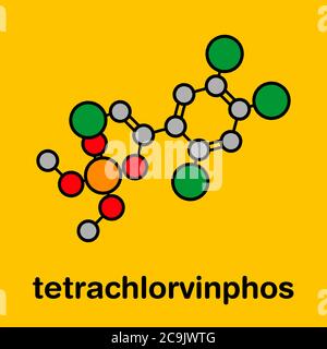 Molécule d'insecticide organophosphate de tétrachlorvinphos. Formule squelettique stylisée (structure chimique). Les atomes sont représentés par des cercles de couleur avec TH Banque D'Images