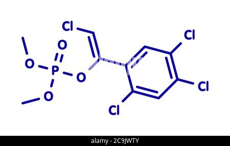Molécule d'insecticide organophosphate de tétrachlorvinphos. Formule squelettique bleue sur fond blanc. Banque D'Images