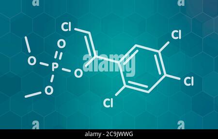 Molécule d'insecticide organophosphate de tétrachlorvinphos. Formule blanche du squelette sur fond de gradient sarcelle foncé avec motif hexagonal. Banque D'Images