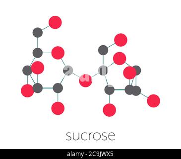 Molécule de sucre de saccharose. Également connu sous le nom de sucre de table, sucre de canne ou sucre de betterave. Formule squelettique stylisée (structure chimique). Les atomes sont affichés en couleur- Banque D'Images